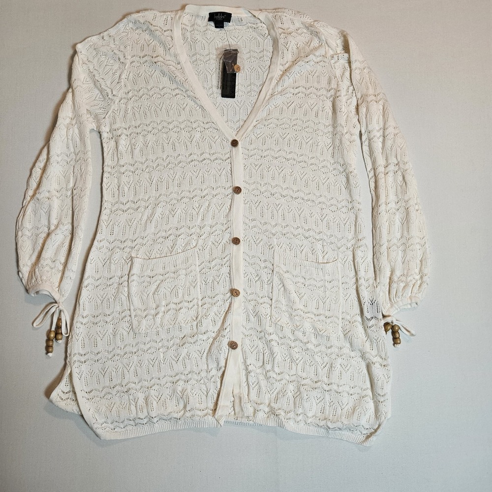Belldini Los Angeles 1X White Knit Hooded Cardigan NWT Boho Wood Bead Detail